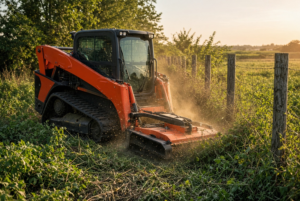 Kubota cutting a fence row