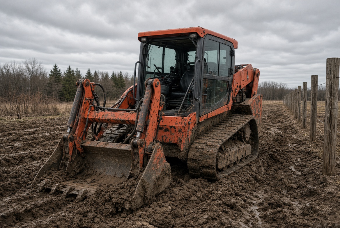 Backhoe along a fence