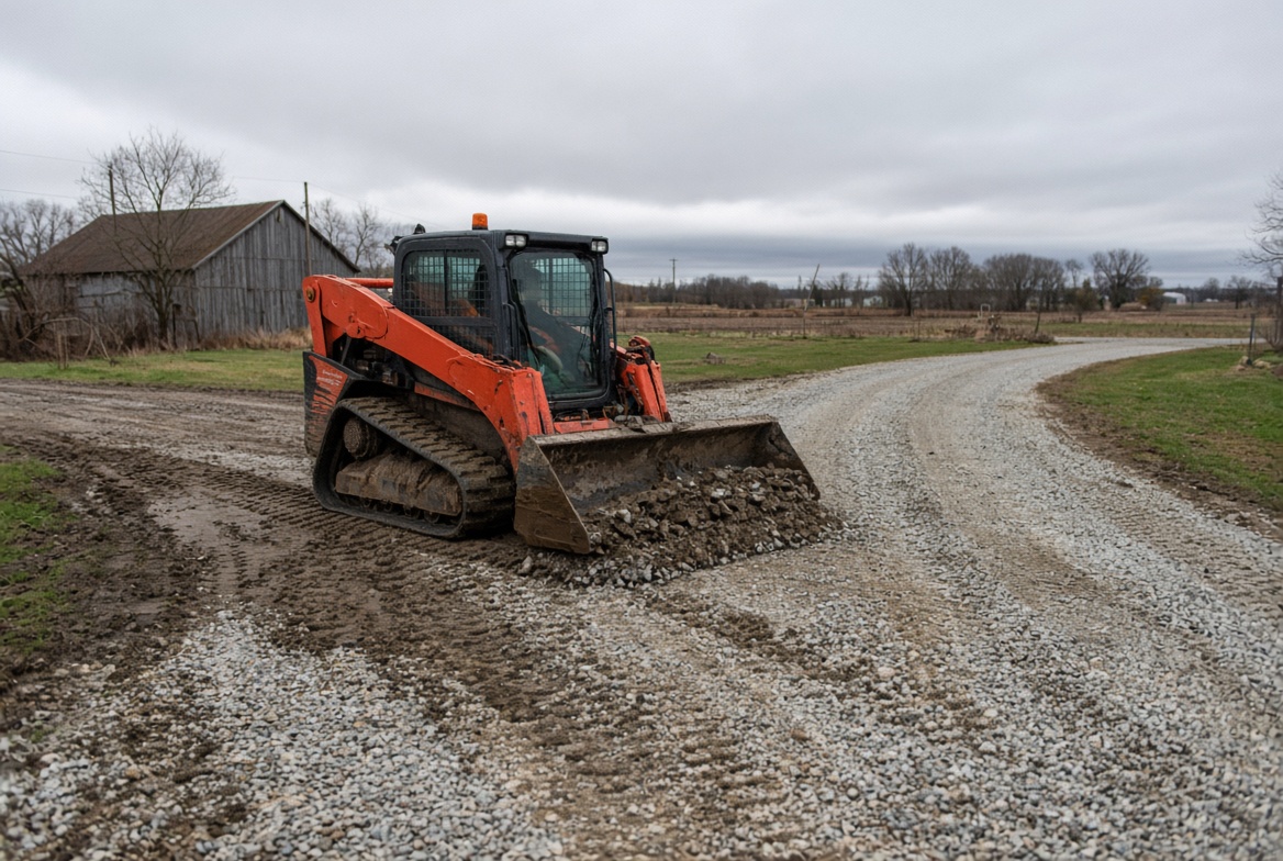 Kubota grading a gravel farm driveway